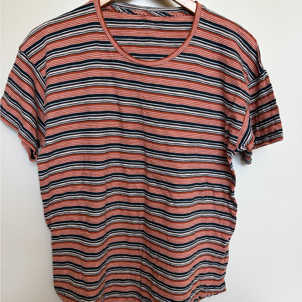 Madewell Striped Tee in Coral, Navy & White